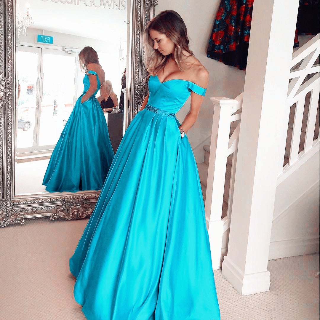 Turquoise Blue Satin Long Evening Prom ...